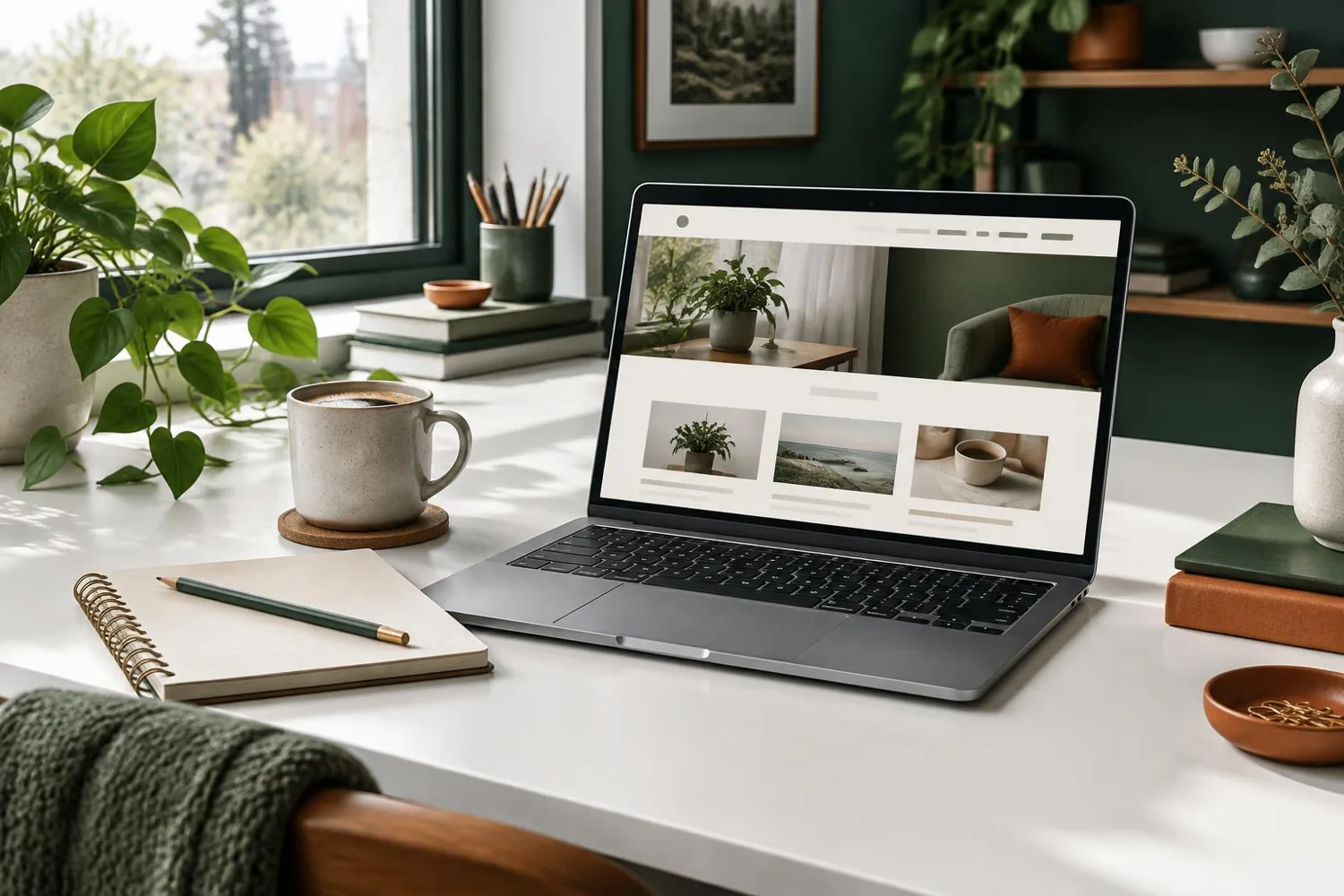 Workspace with an open laptop showing a website