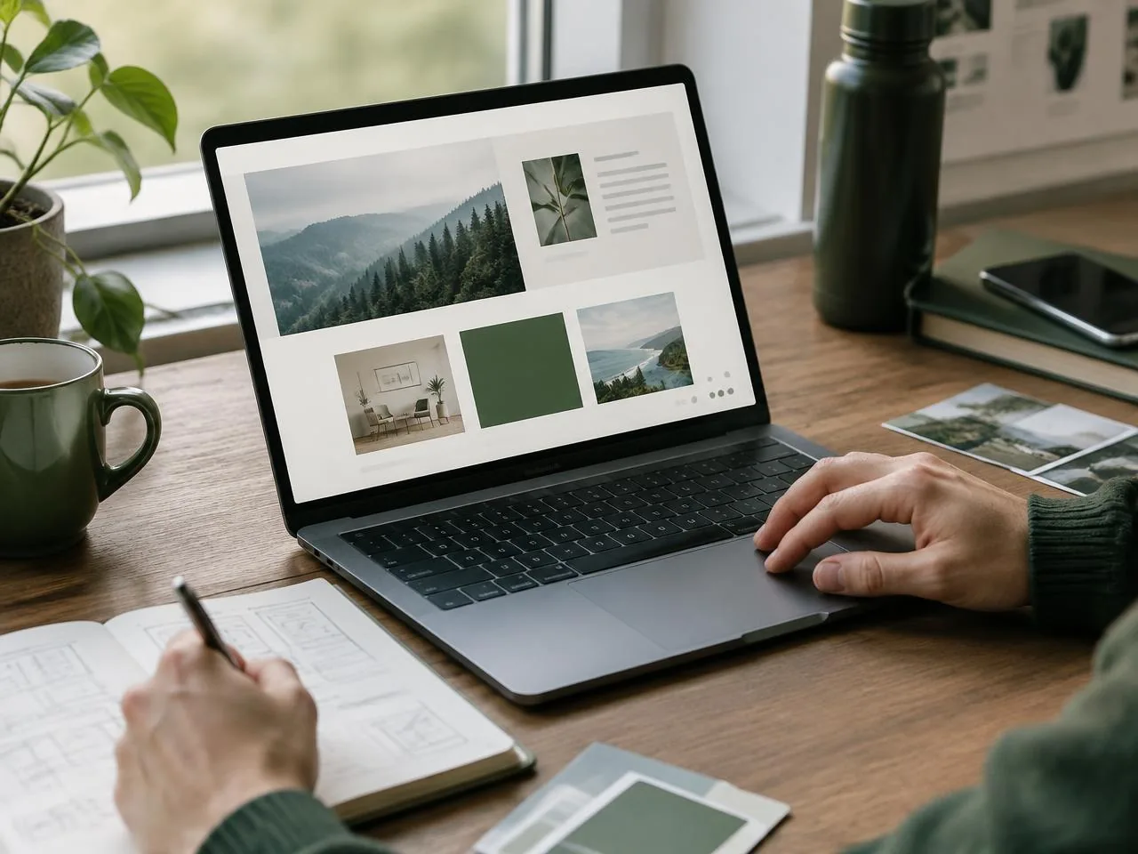 Reviewing a business website on a laptop
